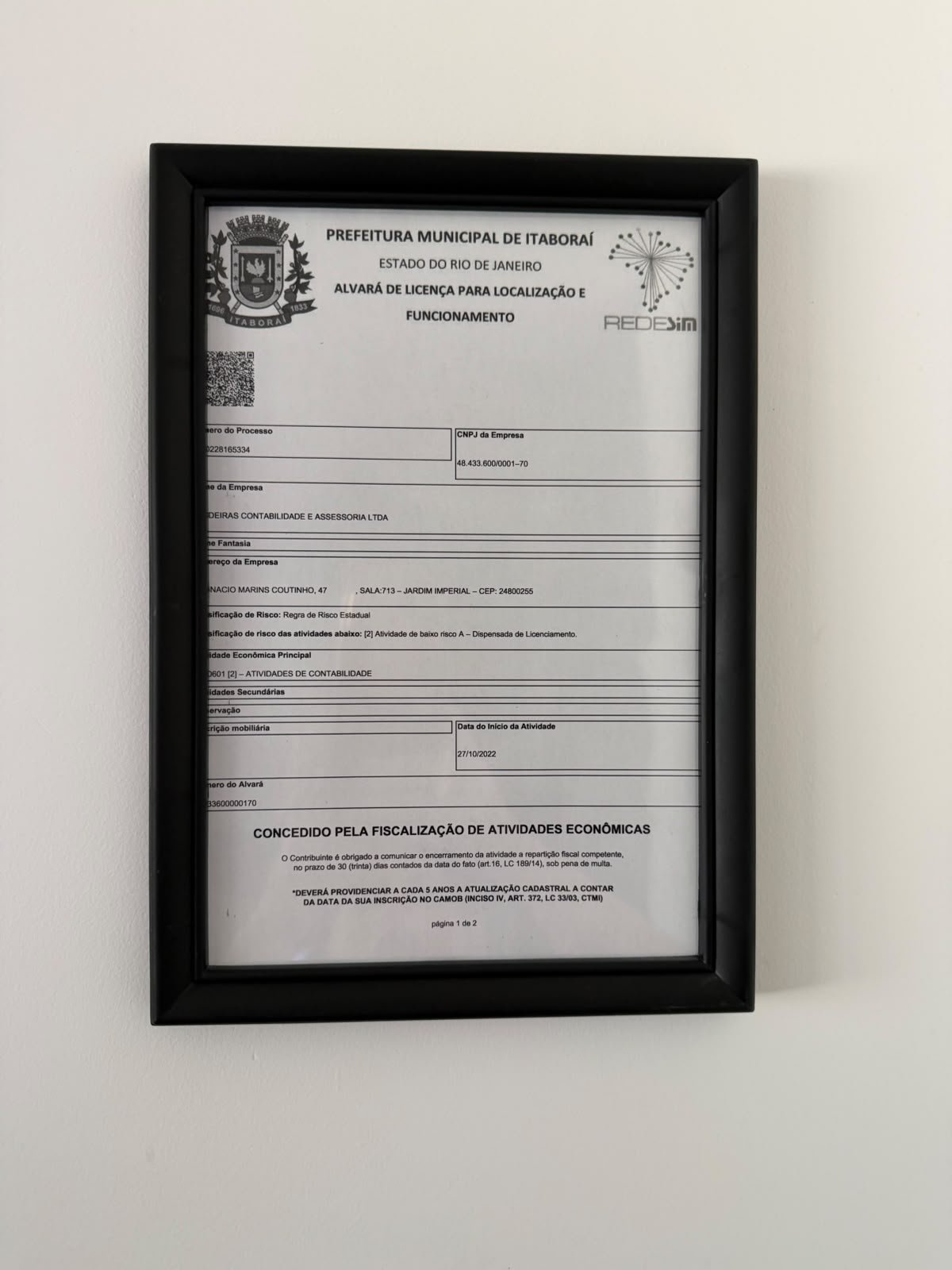 Licença de localização e funcionamento da Caldeiras Contabilidade